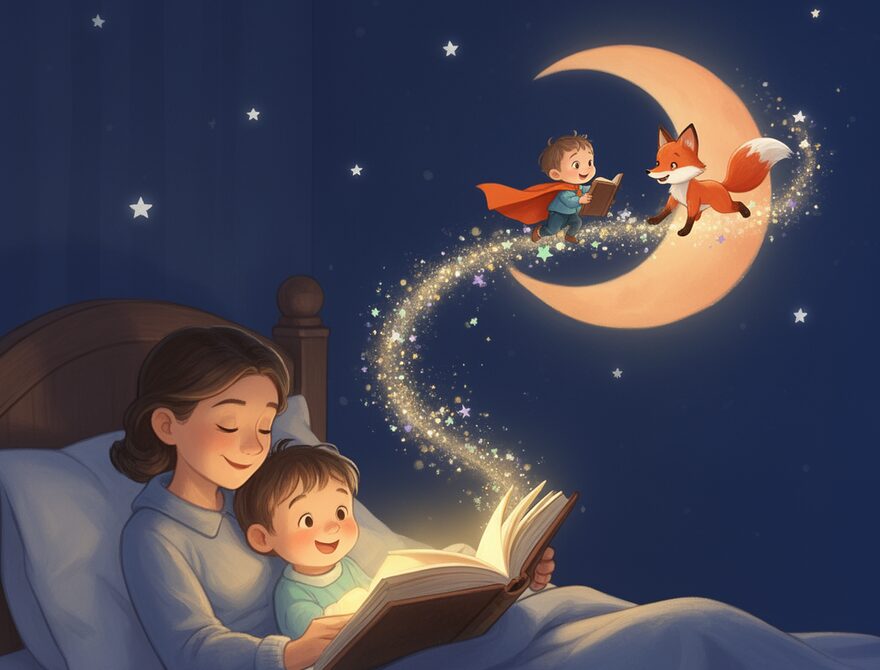 A parent and child snuggled in bed reading a glowing storybook while a tiny caped hero and a little fox ride a trail of sparkles toward the crescent moon